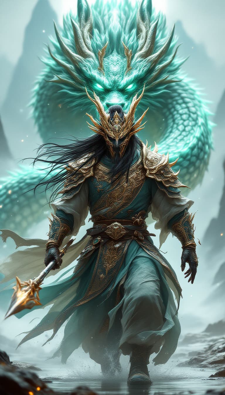 AI generated: An ultra-realistic, zoomed out full-body portrait of a formidable warrior holding a spear in his han...