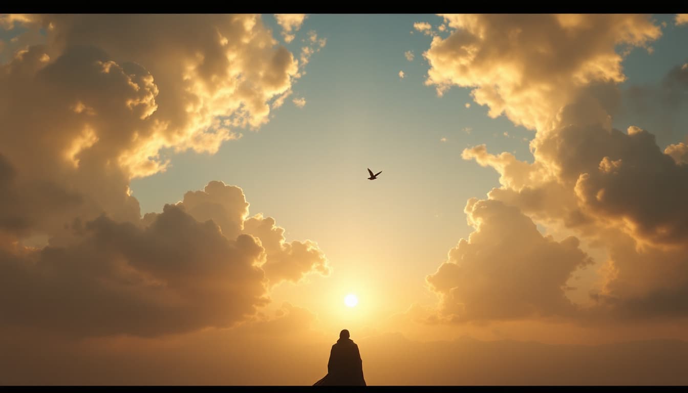 AI generated: Ultra-realistic .	Final wide shot of the Parseh sky, a bird soaring on the horizon, epic music fadin...