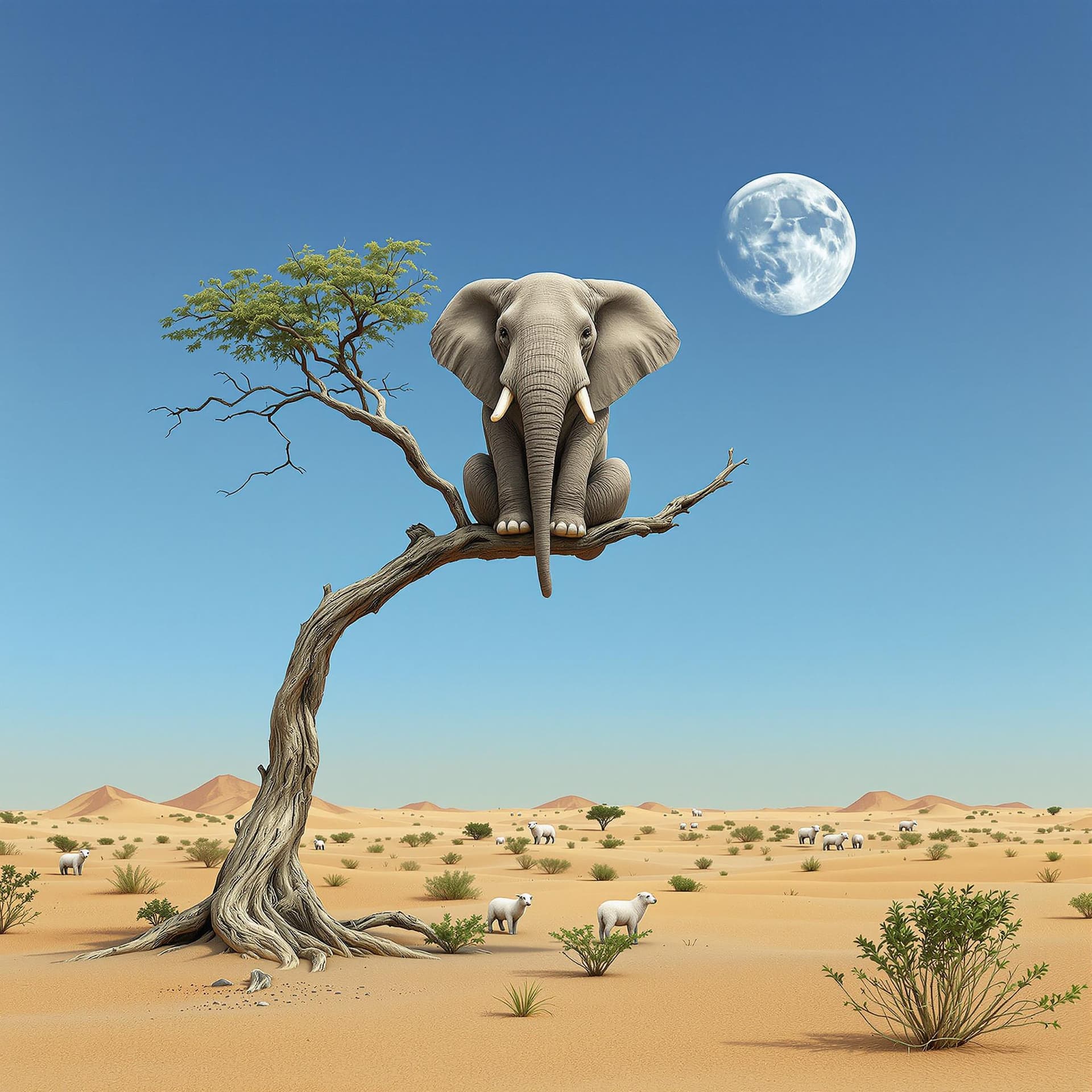AI generated: A surreal depiction of an elephant, facing away the viewer, sitting on a thin, fragile looking bare ...