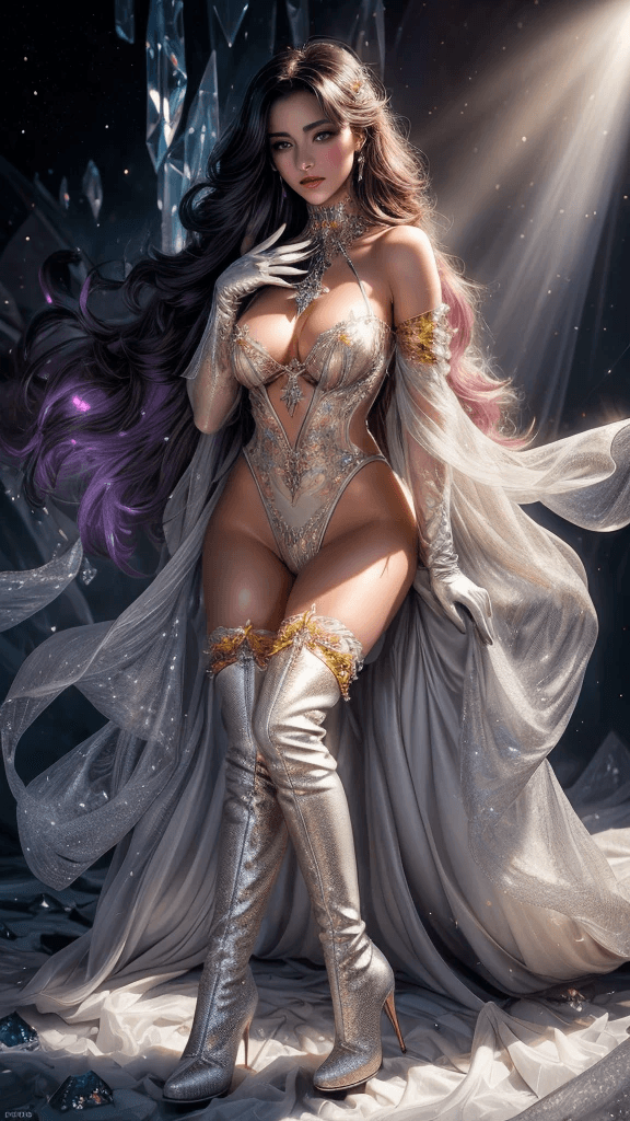 AI generated: 8 k Photo of an erotic, very young and magical woman in a diamond lingerie with yellow crystals, ero...