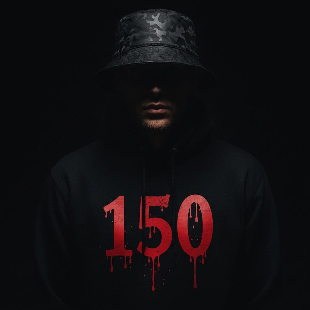 AI generated: photography, front shot, upper body, male model, wearing a bucket hat, black hoody, HOODY WITH TEXT ...