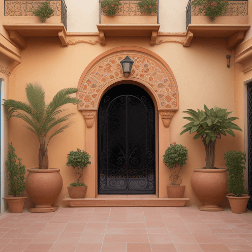 AI generated: front view, Depict a Mediterranean terrace with a Panasonic Lumix S1R, 50mm f/1.4 lens, Use terracot...