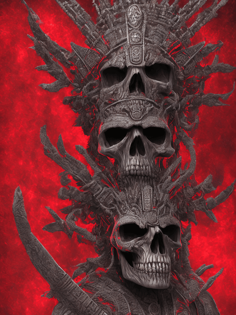 AI generated: A photorealistic digital illustration of an Aztec god with skull face, pointing at viewer and lookin...