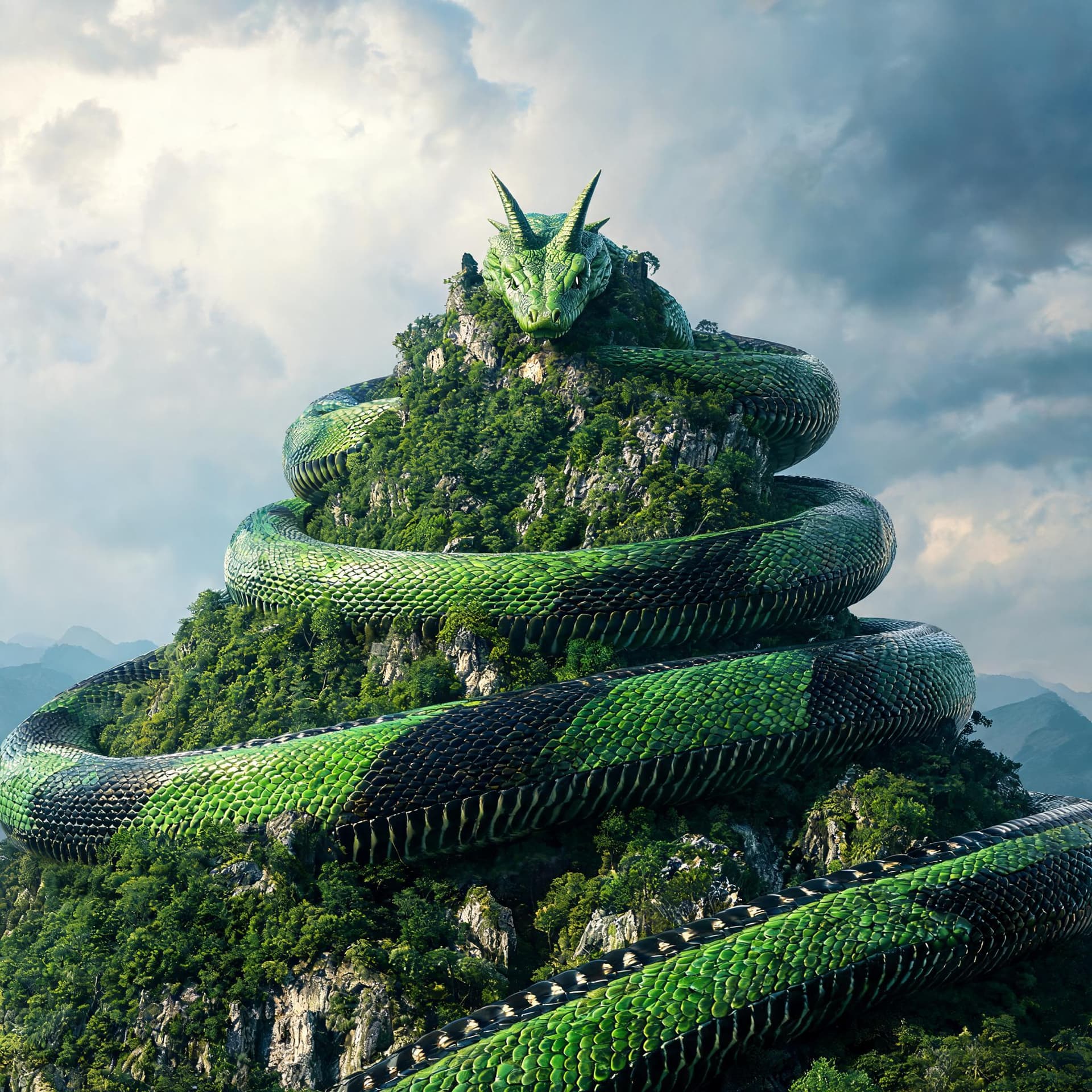 AI generated: a giant snake that is big enough to wrap around a mountain that has green scales with a black belly ...
