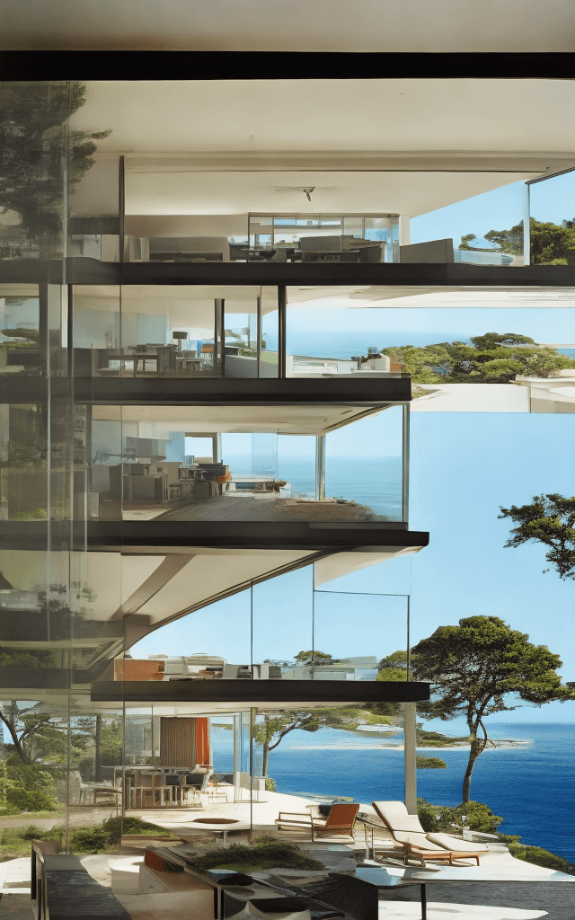 AI generated: Hyper realistic eye level exterior photo of a mid century modern style house overlooking the ocean, ...