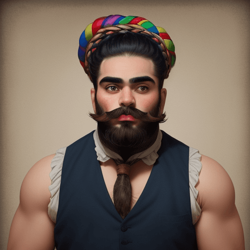 AI generated: A bearded strong handsome man, similar to a circus performer, painted in the style of Frida Kahlo, l...