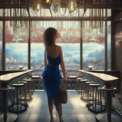 AI generated: Hyper realistic eye level exterior photo of a beautiful girl in a bar with a cocktail
