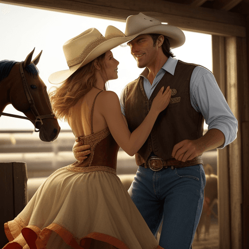 AI generated: a cowboy dancing with his girl under fairy lights at dusk and horse in the back
