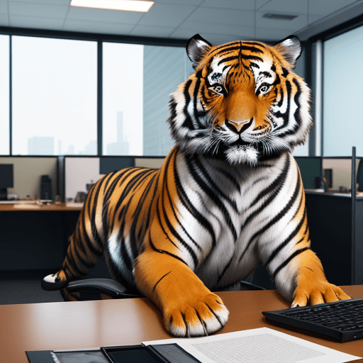 AI generated: tiger is working at the office, acting like human, photorealistic, high details, masterpeace, 4k --v...