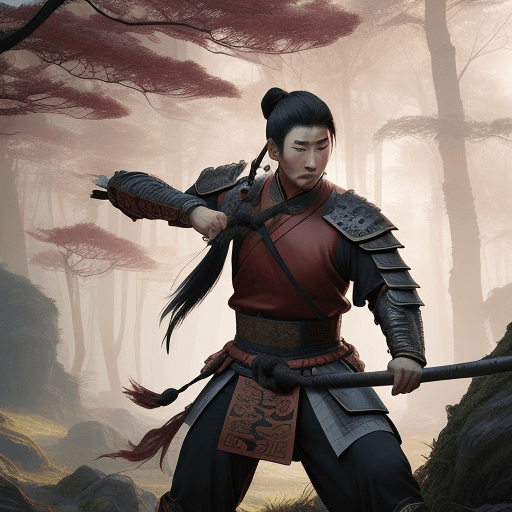 AI generated: Photo of an ancient Chinese warrior in his early 30s, ready to fight in a picturesque grove, dramati...