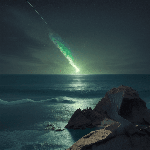AI generated: Big meteorite rocks falling from the sky into the ocean, setting it aglow with its eerie emerald glo...
