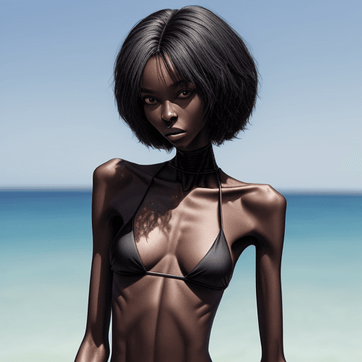 AI generated: very skinny black woman, bony and lean, with very long and slender  neck in bikini - can see the who...