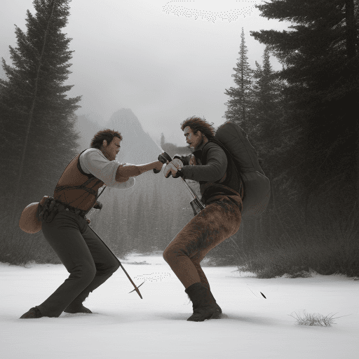 AI generated: Two men duel in the wilderness