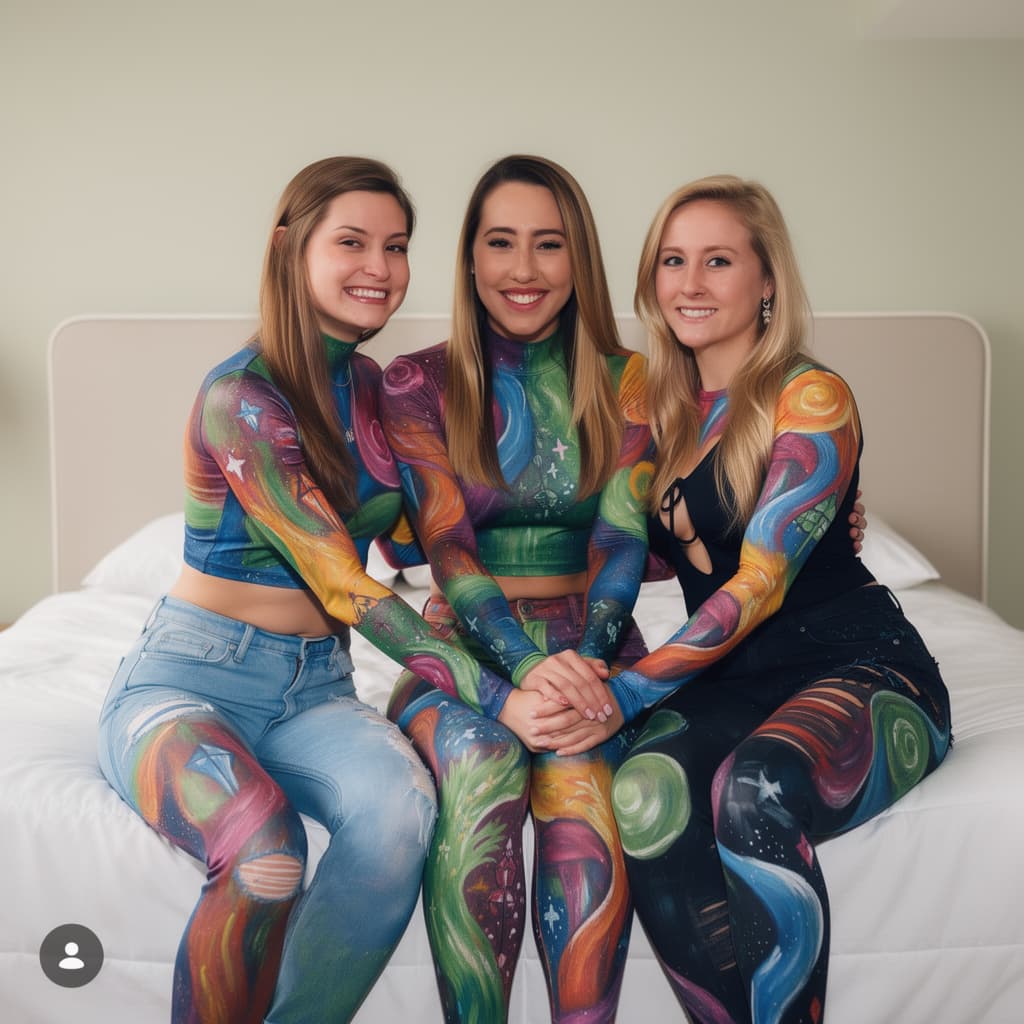 AI generated: Create a photorealistic image of these 3 girls. They are all modeling for a body painting magazine a...