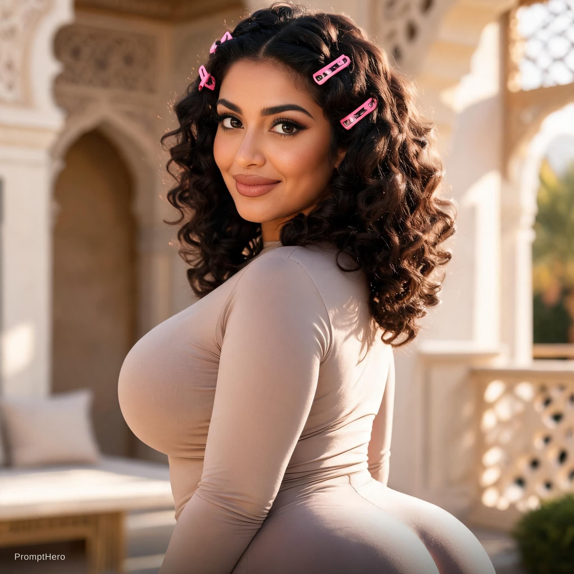 AI generated: Beautiful Saudi Arabia woman, 40 years old don’t care, big eyes, nice nose, big eclipse, pink clips,...