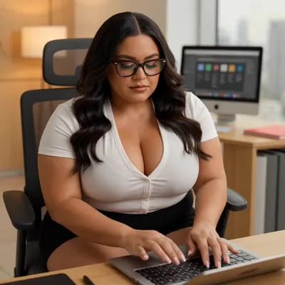 AI generated video: hot girl latina working in an office chair chubby with glasses