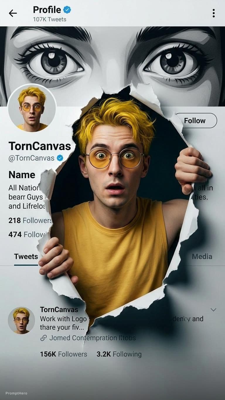 AI generated: A creative 3D photo manipulation of a social media profile interface, featuring a surprised young wo...