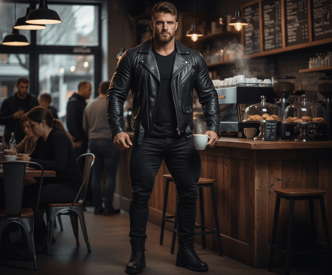 AI generated: Bodybuilder at a coffee shop wearing a leather jacket and black jeans bigger shoulders and legs