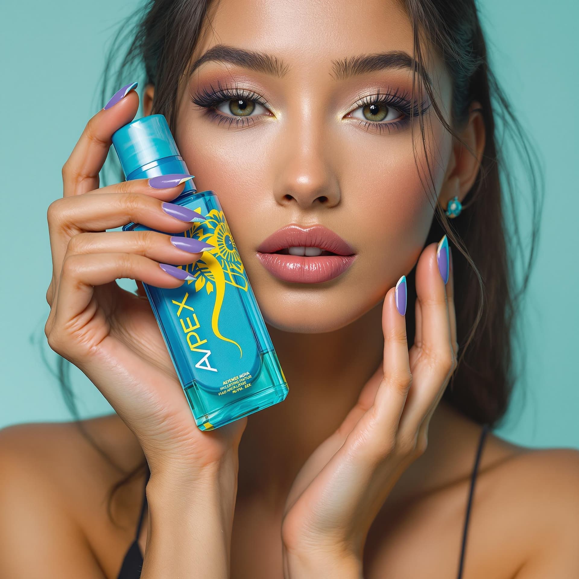 AI generated: Full body photo model girl. Clothes, stylish makeup, she carries in her hand a beautiful blue and ye...
