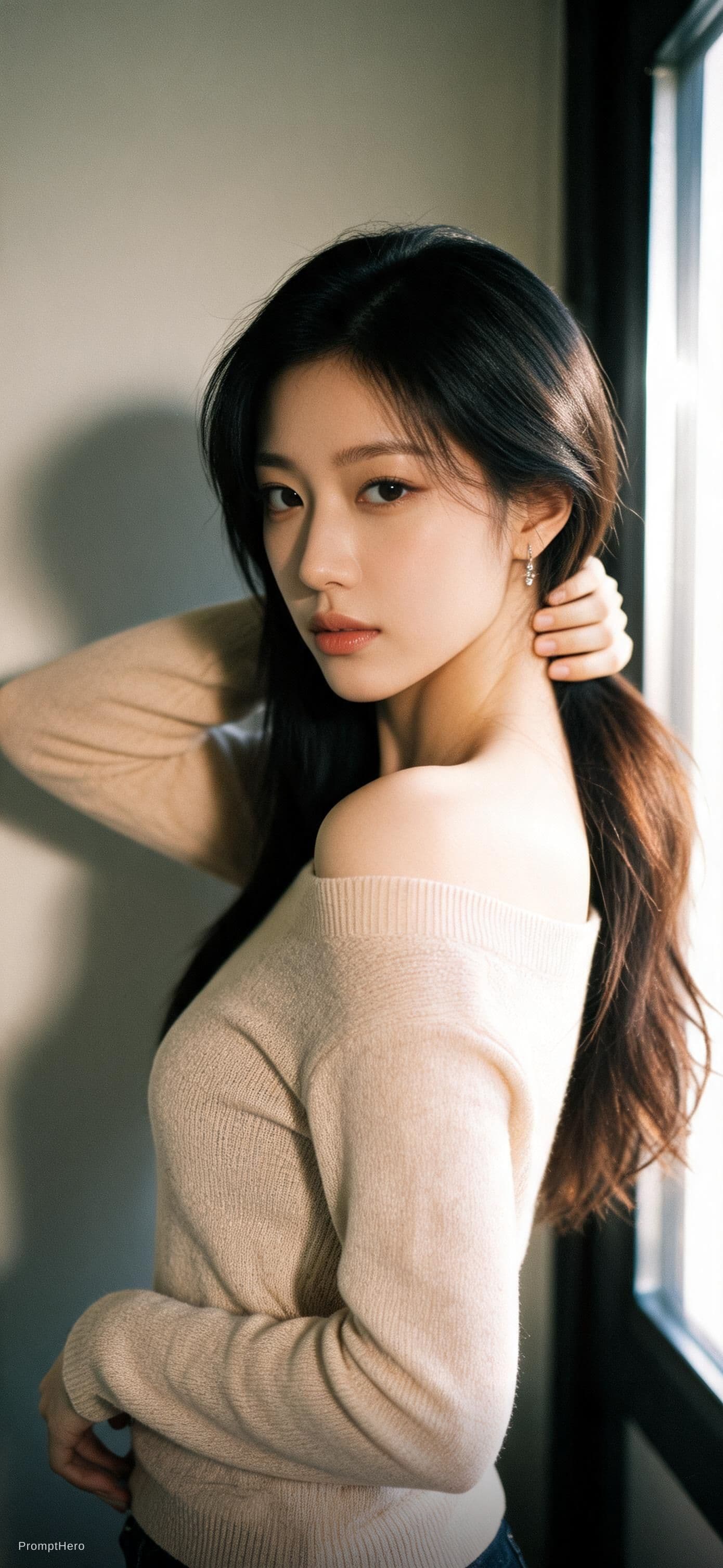 AI generated: Realistic film photography, upper-body portrait of a beautiful adult Korean female idol with an eleg...