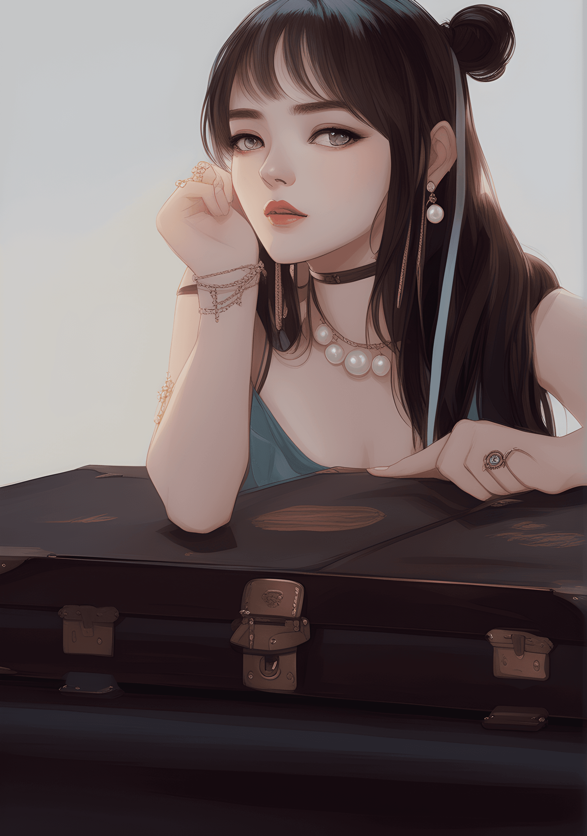 AI generated: a woman sitting on top of a piece of luggage, a digital painting, by Shitao, pixiv, with long hair a...