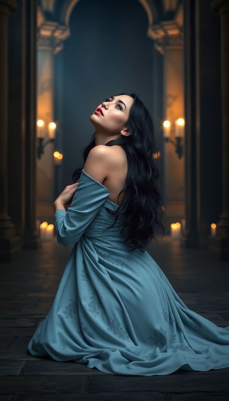 AI generated: Prompt:
"A cinematic scene of Alina Dreymore, a mysterious noblewoman in her early thirties, kneelin...