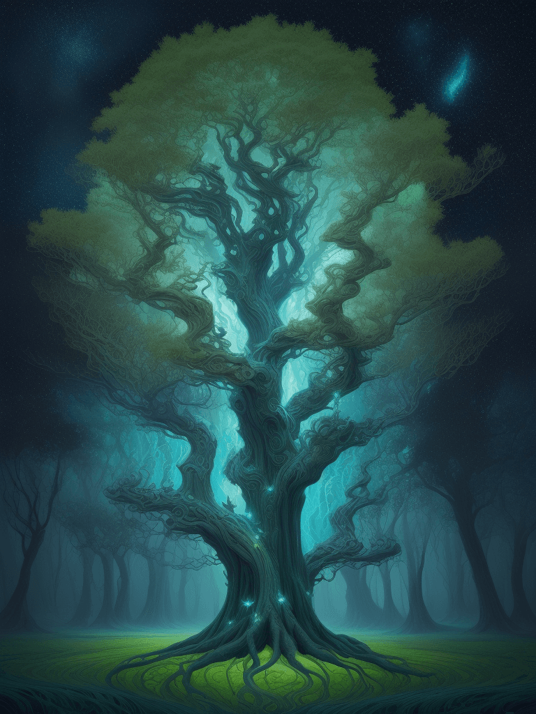 AI generated: bright painting of a tree with stars in the sky, in the style of dreamlike fantasy creatures, multil...