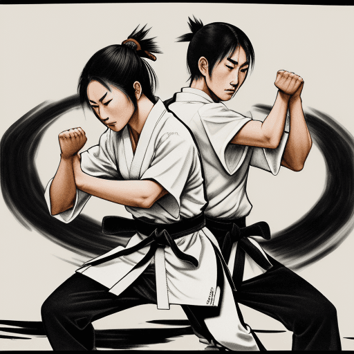 AI generated: two Japanese warriors karate fighting in a forest, in the style of traditional Japanese ink painting...