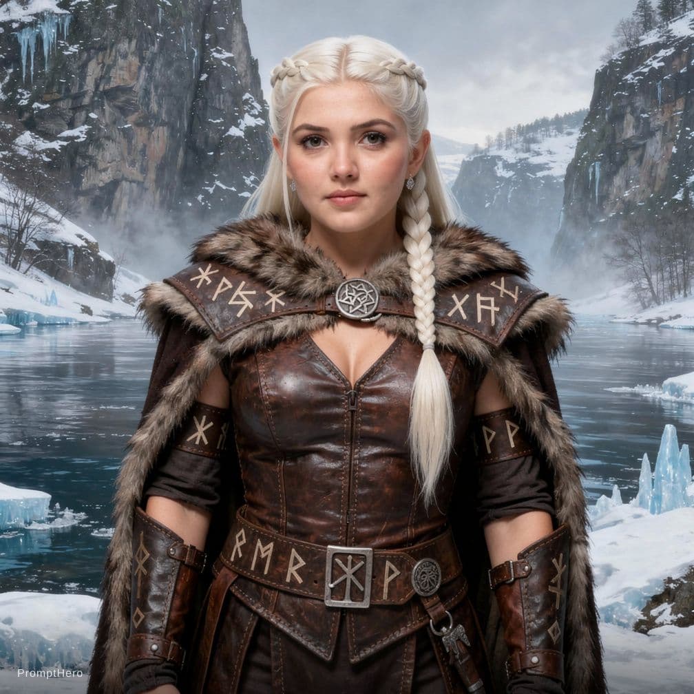 AI generated: A striking Norse seeress stands in a snowy fjord, her long platinum hair braided into intricate Nors...