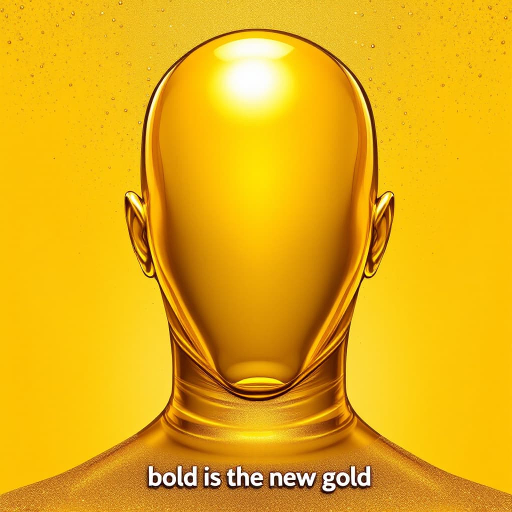 AI generated: Image of head, must be fully gold, bald, shiny around the head, no face, with text "bold is the new ...