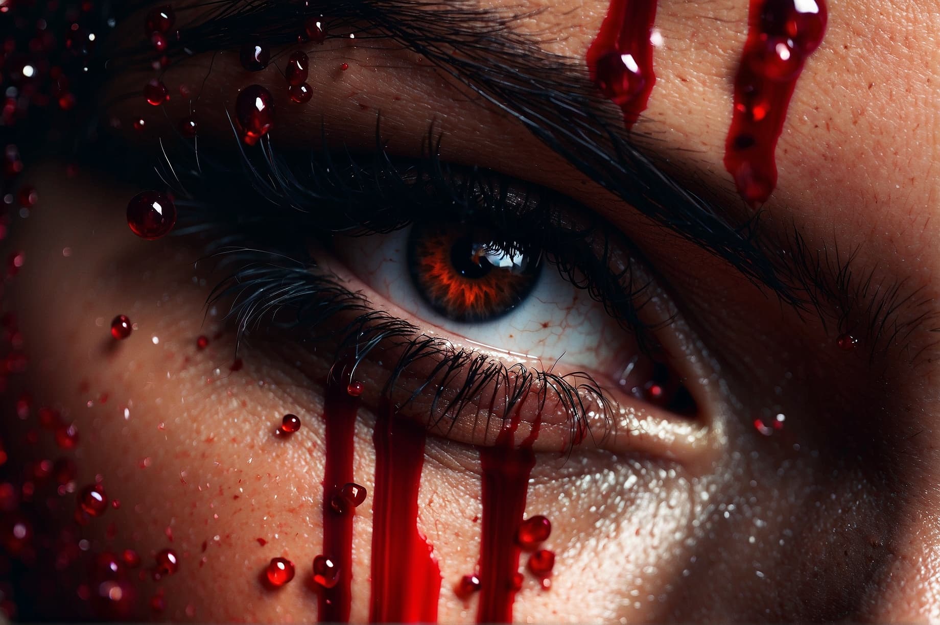 AI generated: blood drops on a woman's face, killer, shiny eyes, elegant, lovely, dark, dramatic light, in the sty...