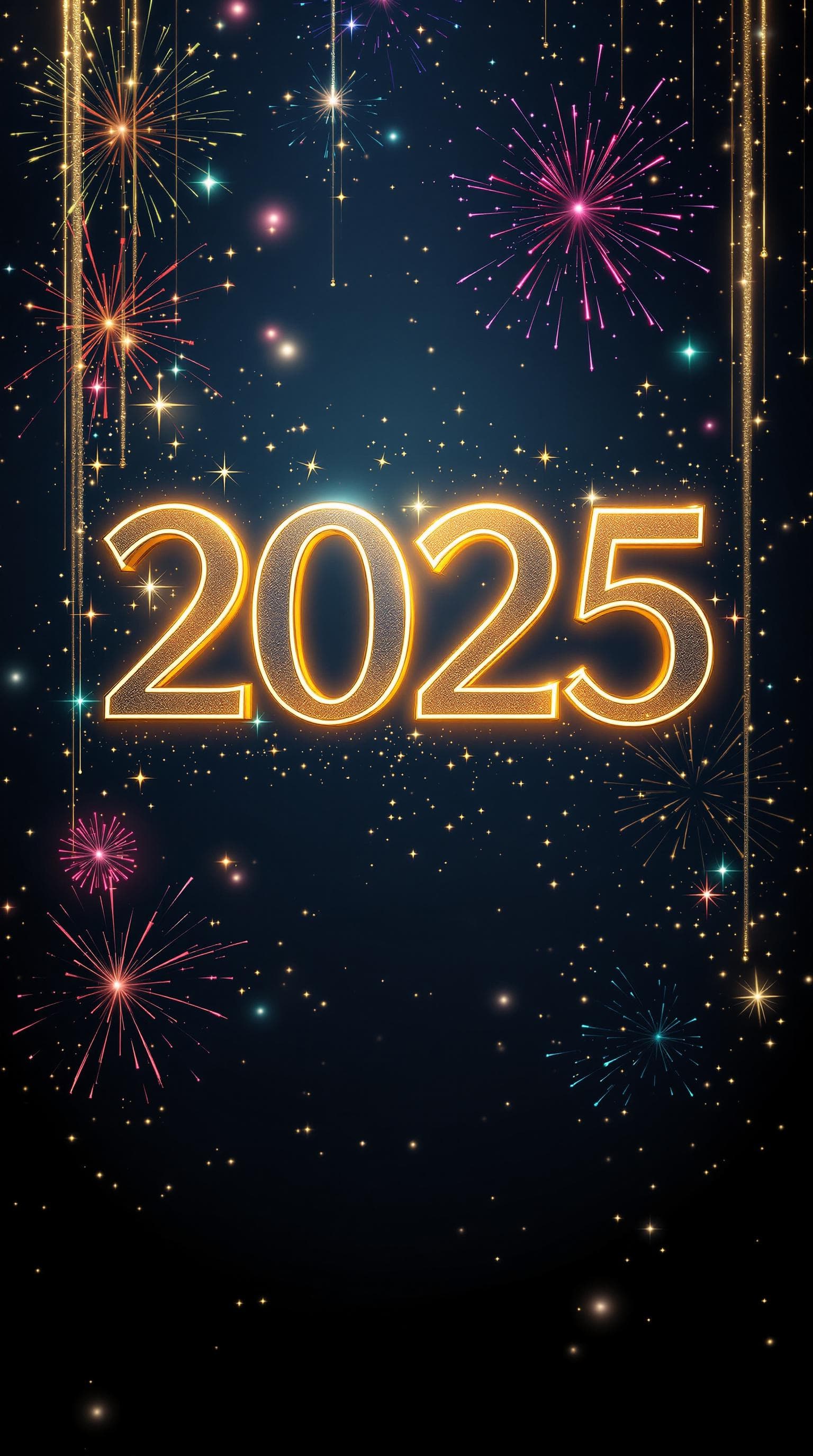 AI generated: A dazzling New Year 2025 wallpaper featuring a luminous '2025' in glowing 3D gold with intricate eng...