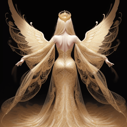 AI generated: A woman adorned in a golden, intricately designed gown that cascades down to the ground. She is also...