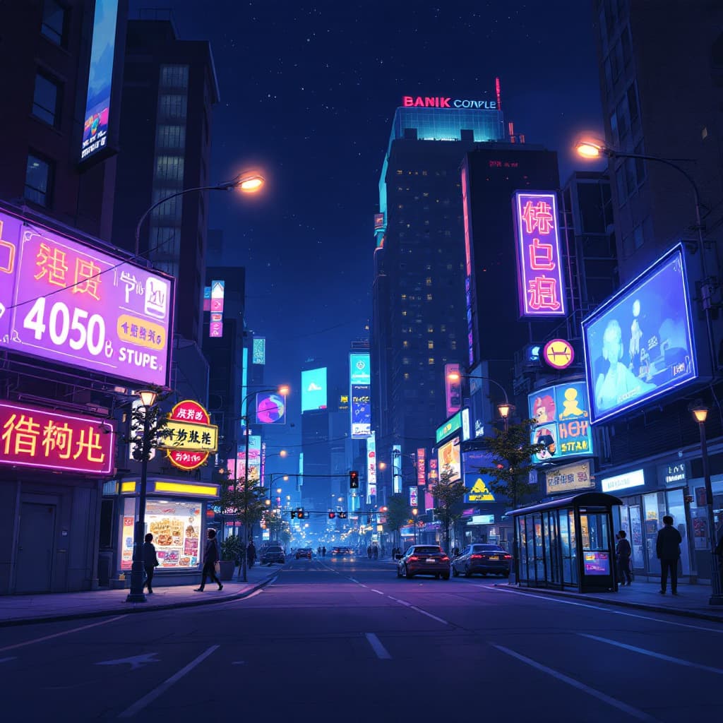 AI generated: For his application, the focus is on a nighttime street scene with specific elements (neon signs, ta...
