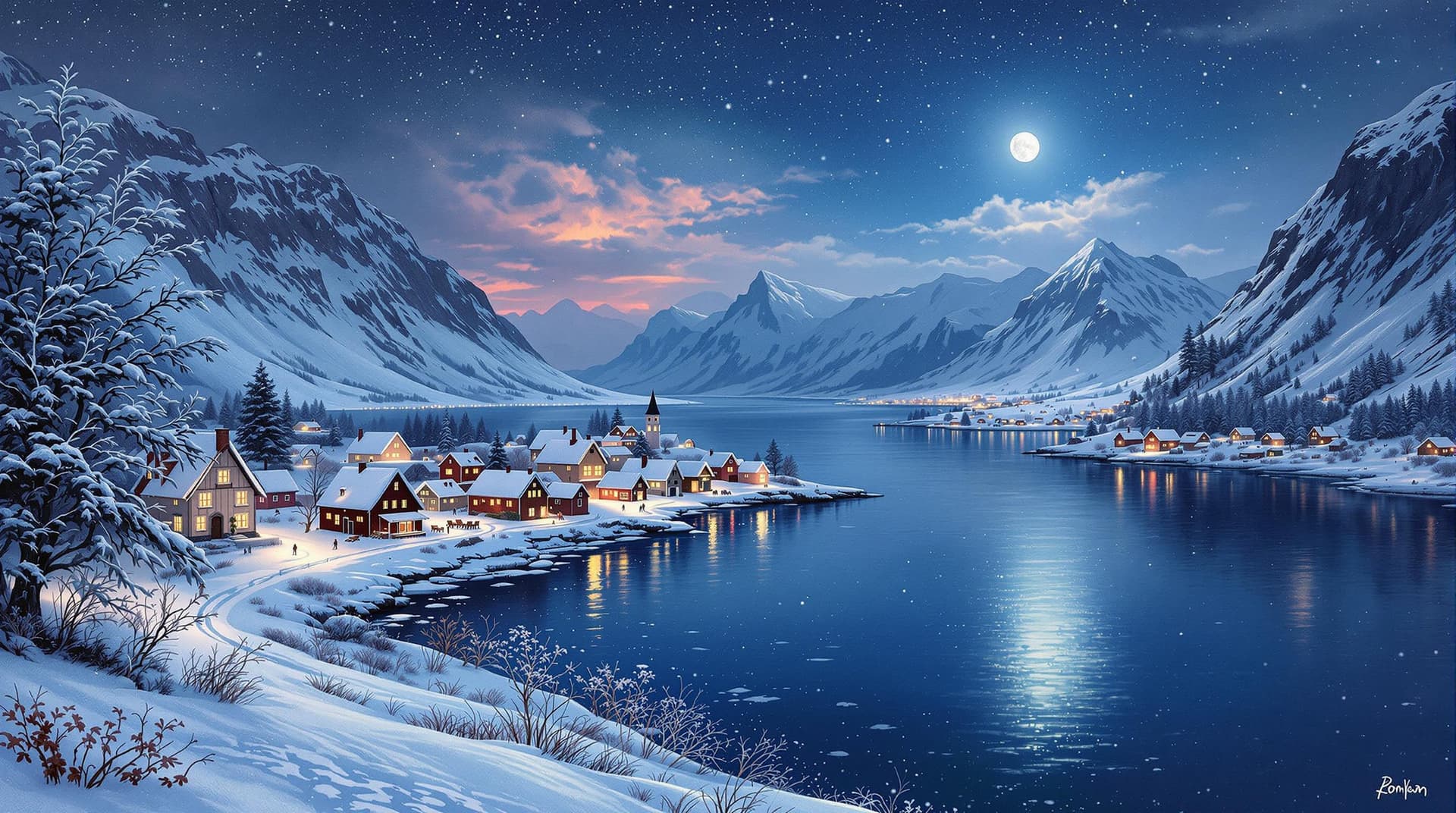 AI generated:  Paysage et village norvégiens, saison de Noël, peinture d’art numérique créative, avec de beaux dét...