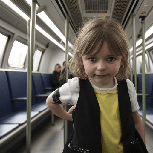 AI generated: Kleines üßes mächen im alter von 8 jahren zeigt in der Berliner u bahn unter ihren mini Faltenrock i...