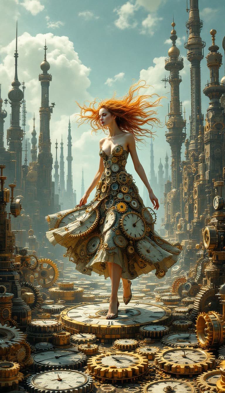 AI generated: 18. A surreal, full-body depiction of a woman walking through a landscape where the ground is made e...