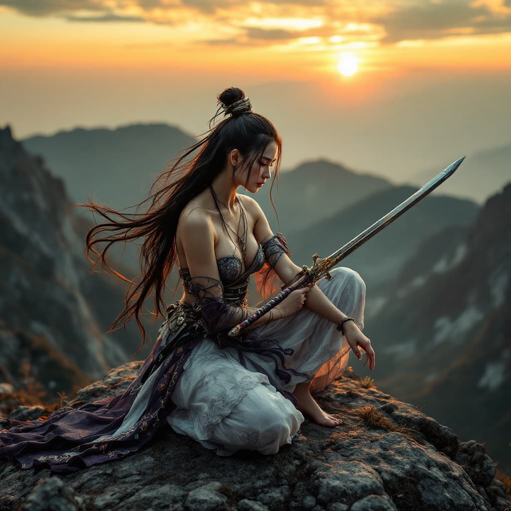 AI generated: At sunset, during golden hours, closeup photo of a Chinese warrior woman in plastic pose with sword,...
