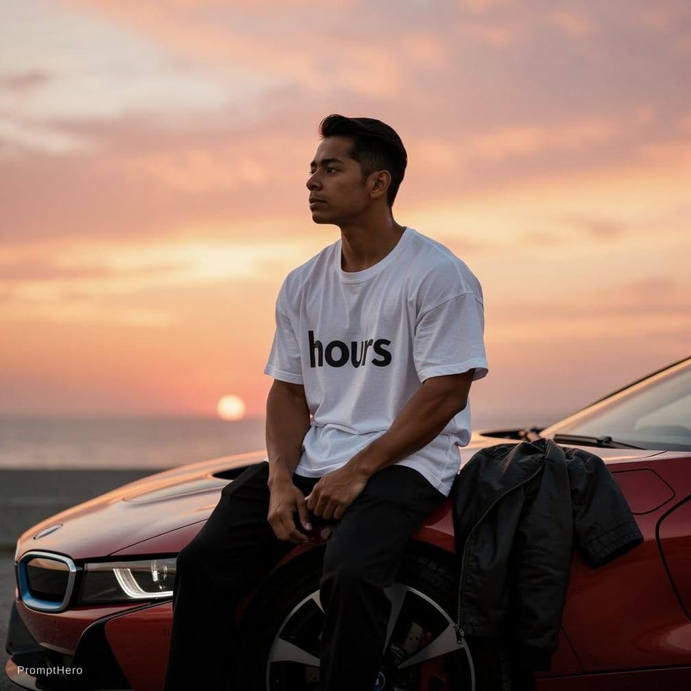 AI generated: I wante the boy site on the BMW I8 car bonnet.the car is red color.the nice sun set wante background...