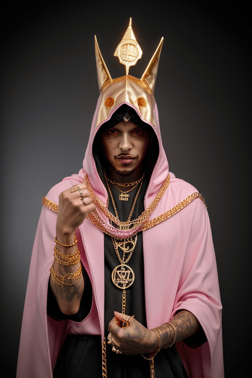 AI generated: Shadow wizard money gang, in pink cloak hood, dark face, gold chains and jewellery