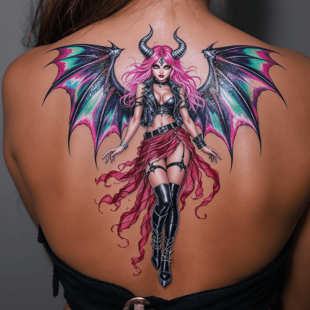 AI generated: A colorful sassy, salacious young and beautiful Angelic Demonic cute woman tattoo design with outstr...