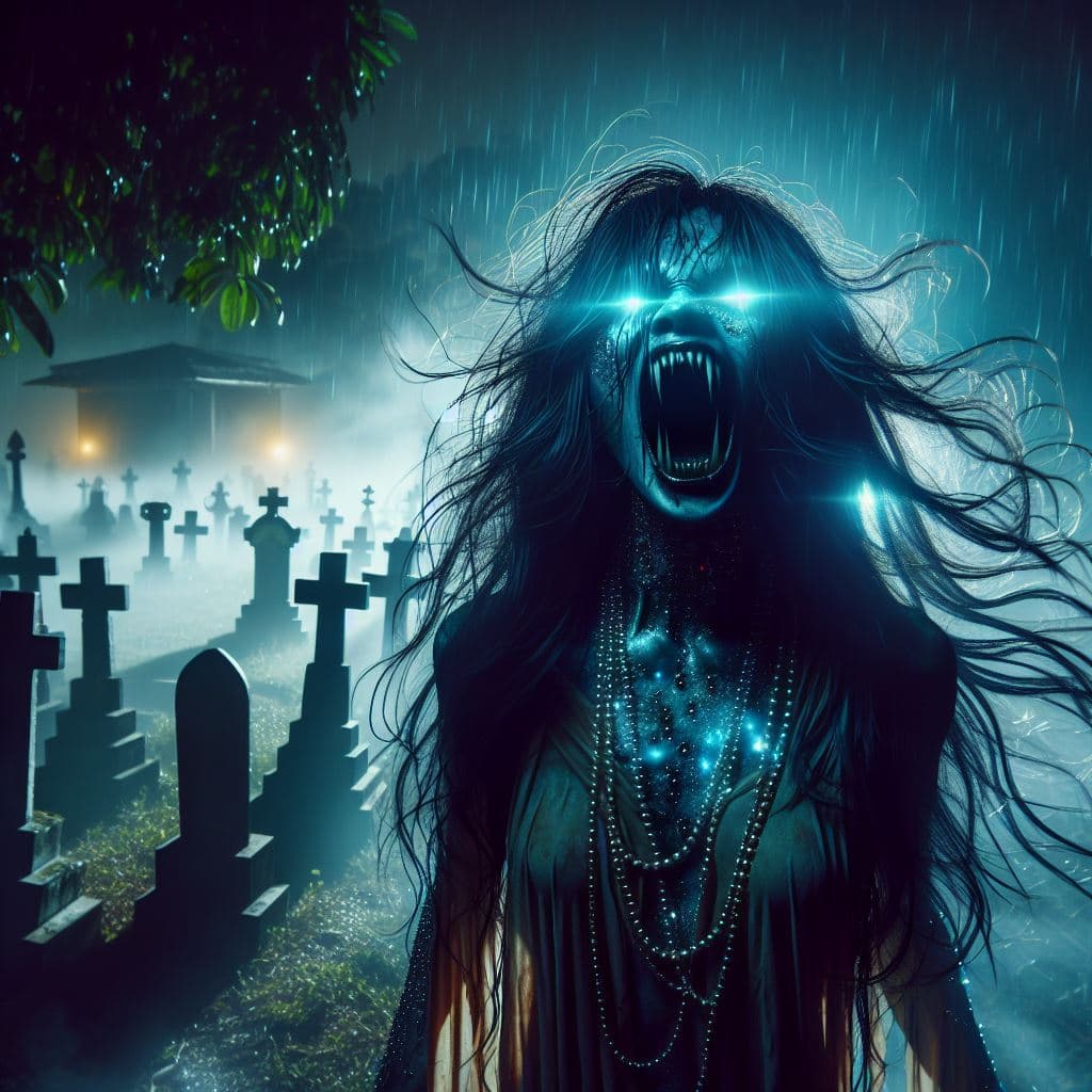 AI generated: a nightmare Version of a female banshee screaming,shiny,dynamic lights ,photorealism, on a cemetry,m...