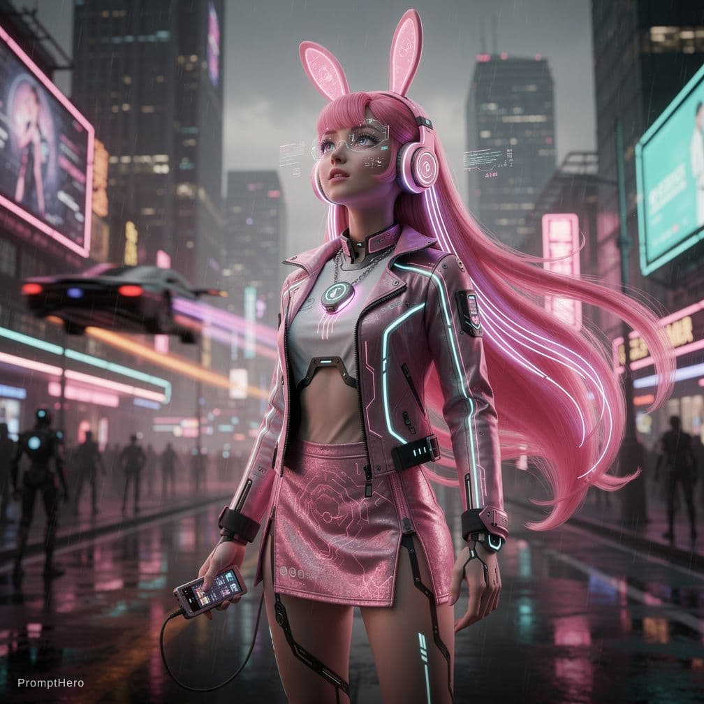 AI generated: A futuristic cyberpunk girl with a full-body reveal, posing in a dystopian cityscape, her long, flow...