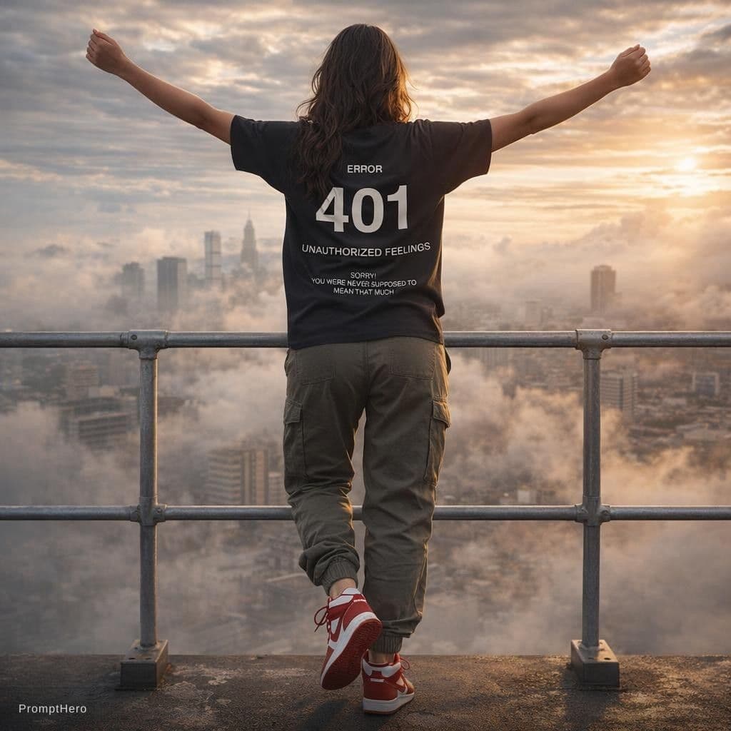 AI generated: Photograph of a woman expressing freedom, rear view, full body, rooftop of a building on a safety ra...