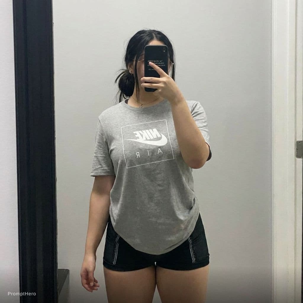 AI generated: A full-body mirror selfie of a young woman standing in a simple indoor setting, likely a dressing ro...