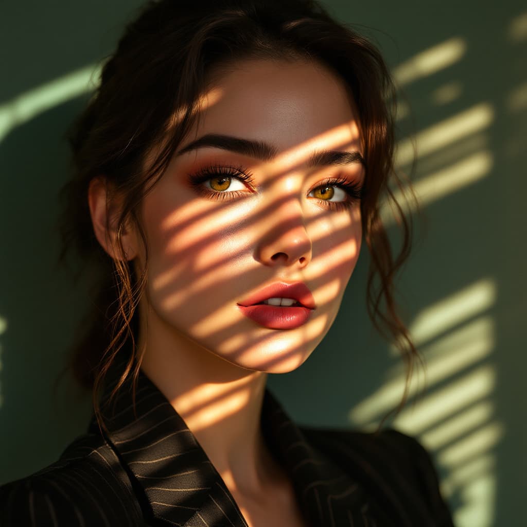 AI generated: A hyperrealistic close-up portrait of a woman bathed in warm, soft afternoon light streaming through...