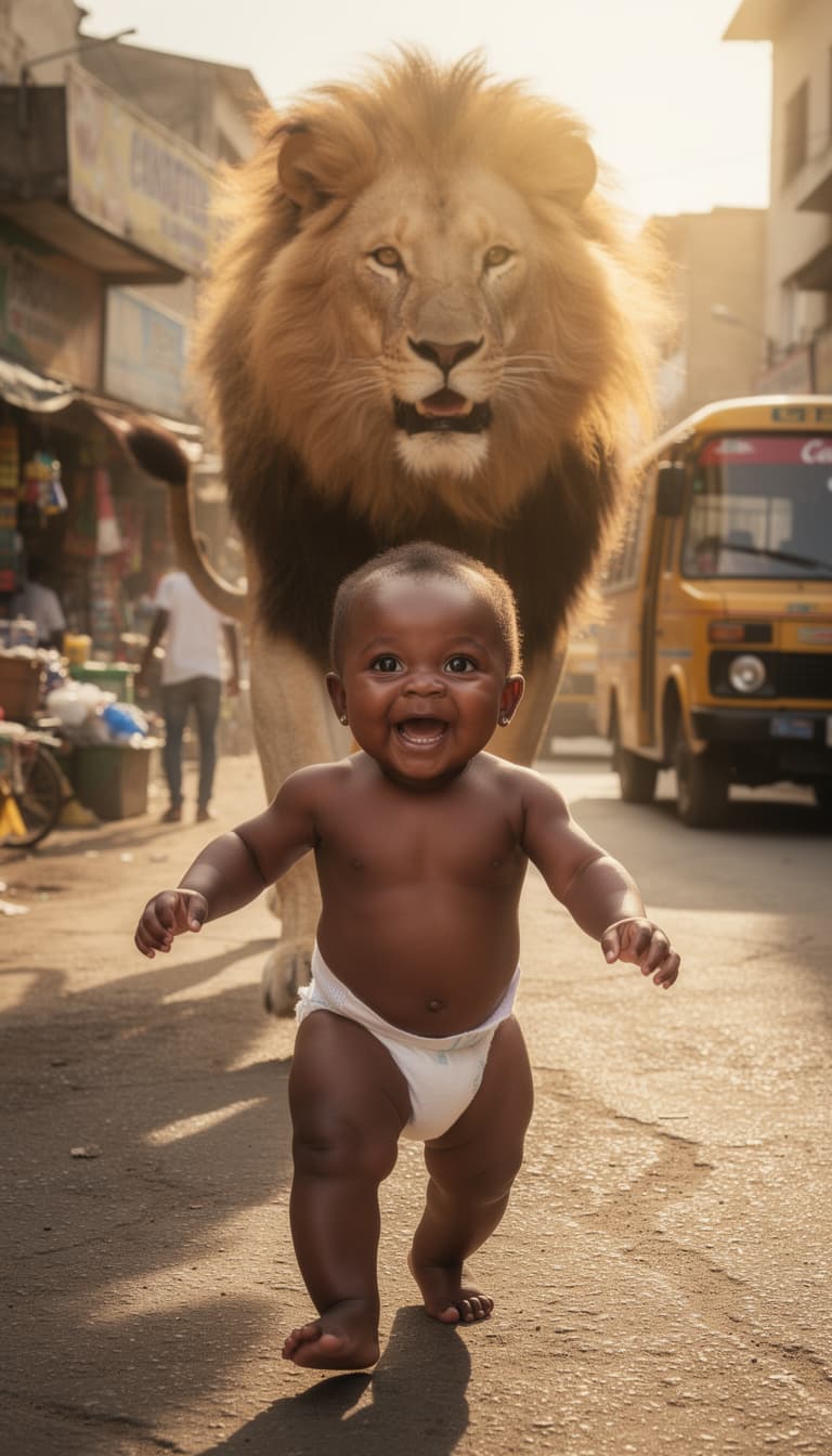 AI generated: A hyper-realistic dark-skinned baby, around 12 months old, wearing only a diaper, joyfully walking d...