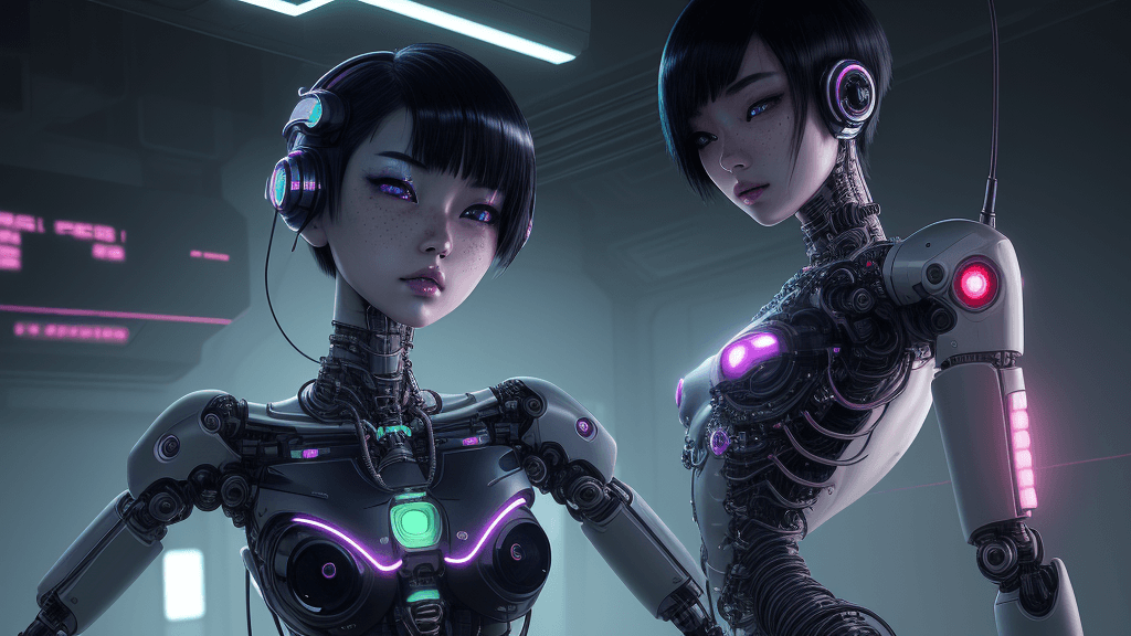 AI generated: Beautiful robotic Asian girl, real face, short hair, robotic body, perfect body parts, wires, neon l...