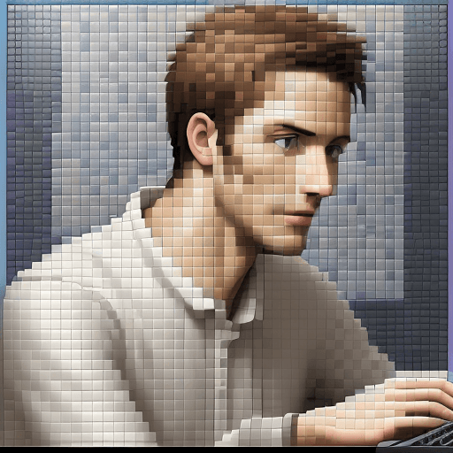AI generated: create a high resolution of a guy using a computer in mosaic style, for each tile of mosaic there sh...
