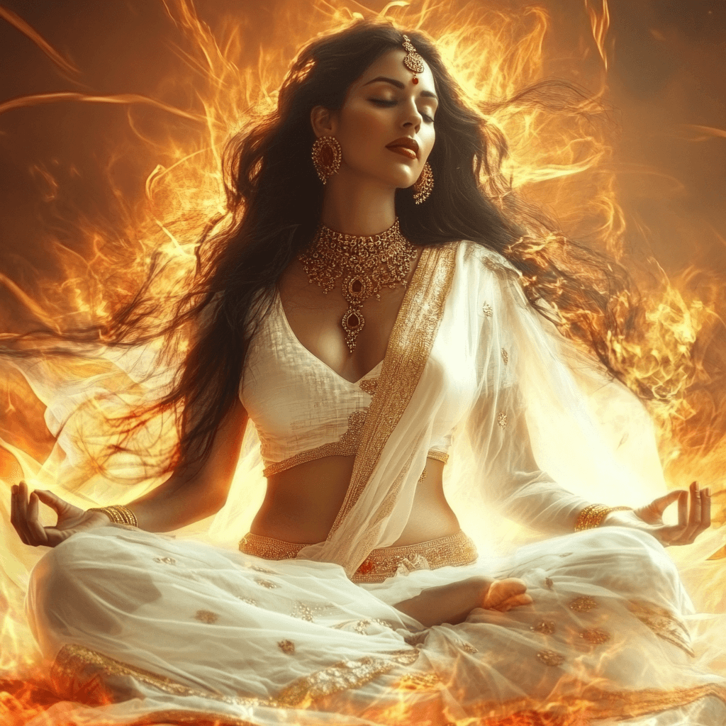 AI generated: A big beautiful indian woman,  wearing a transparent white saree, with gold ornaments and heavey gol...